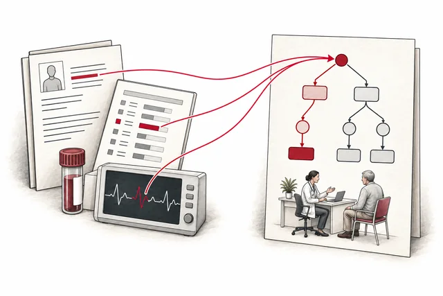 Conceptual illustration: patient history, lab results, and vital signs connect to a clinical decision and a clinician–patient conversation.
