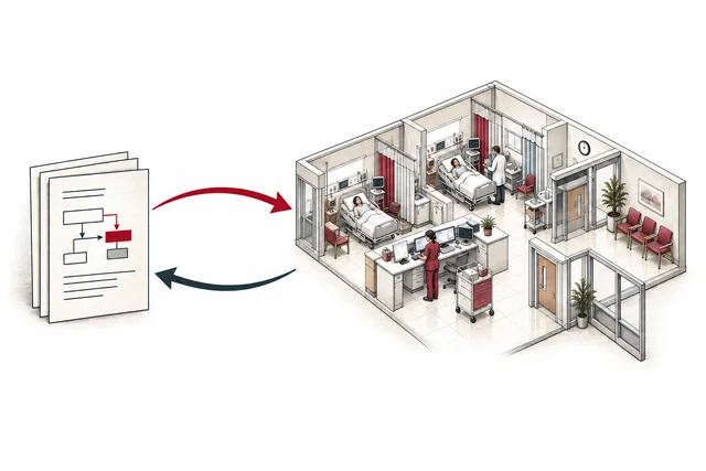 Conceptual illustration: an AI agent acts in a simulated hospital and receives new observations, forming a continuing feedback loop.