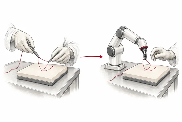 Conceptual illustration: an expert demonstrates a movement over a practice pad, and a supervised robot learns a matching assistive movement.