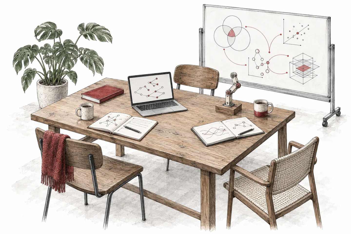Conceptual illustration of a shared research workspace with notebooks, a laptop, and a small mechanical prototype; no people are depicted.