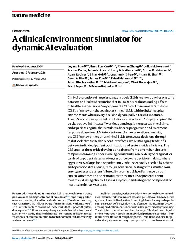 First page of "A clinical environment simulator for dynamic AI evaluation" (Nature Medicine, 2026)