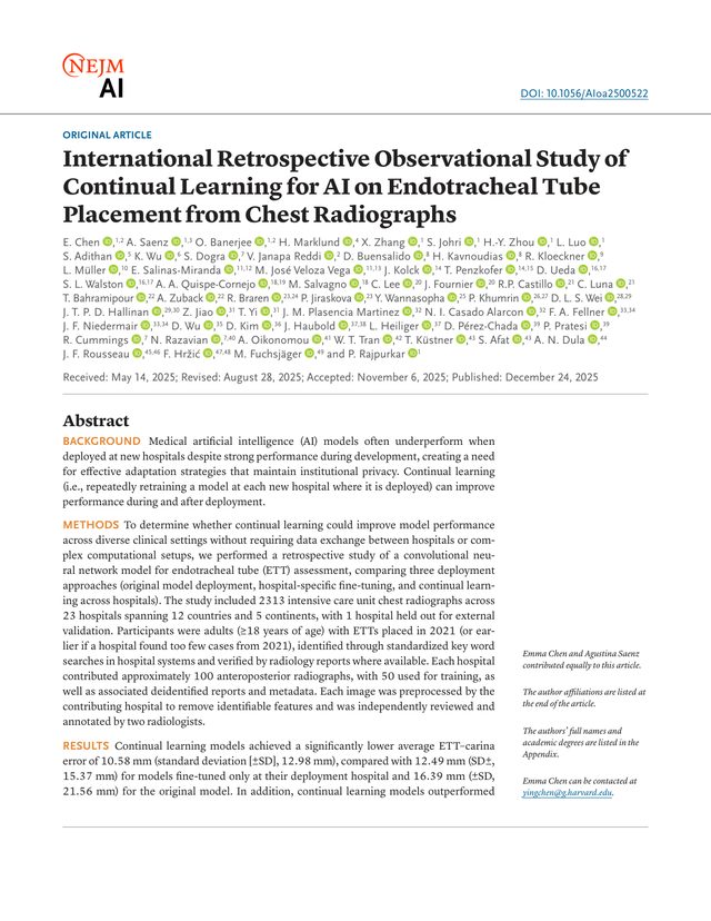 First page of "International Retrospective Observational Study of Continual Learning for AI on Endotracheal Tube Placement from Chest Radiographs" (NEJM AI, 2025)