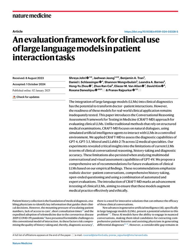 First page of "An evaluation framework for clinical use of large language models in patient interaction tasks" (Nature Medicine, 2025)