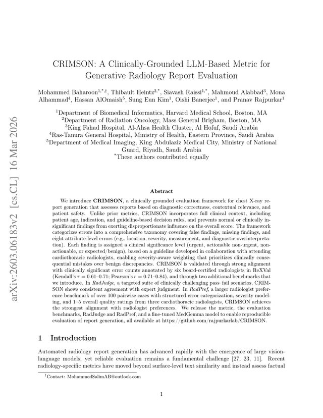 First page of "CRIMSON: A Clinically-Grounded LLM-Based Metric for Generative Radiology Report Evaluation" (MICCAI, 2026)