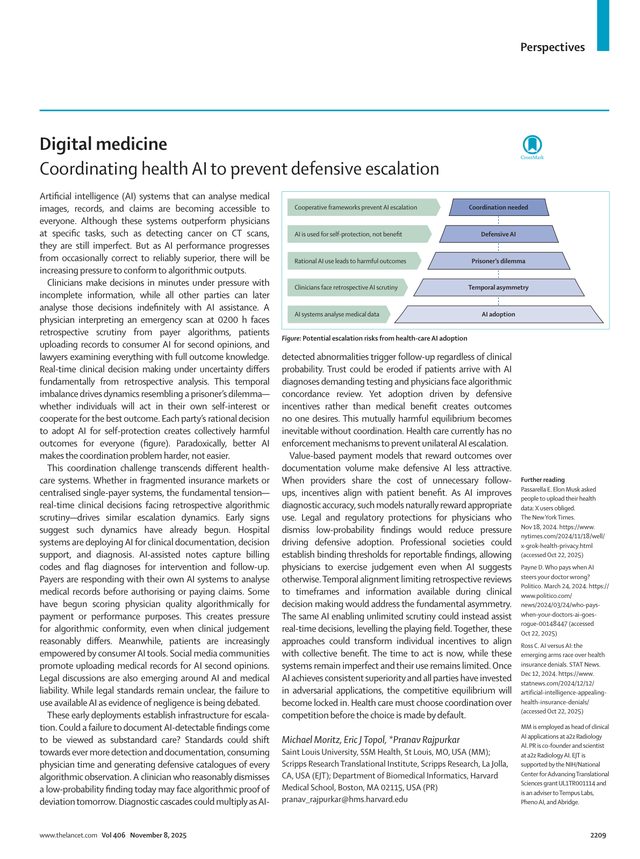 First page of "Coordinating health AI to prevent defensive escalation" (The Lancet, 2025)