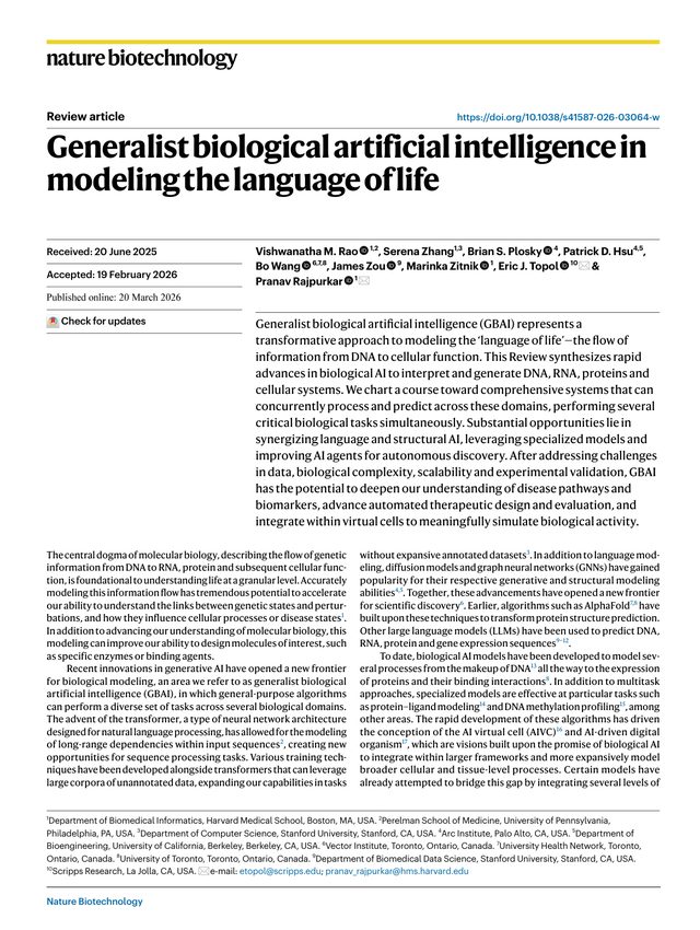 First page of "Generalist biological artificial intelligence in modeling the language of life" (Nature Biotechnology, 2026)