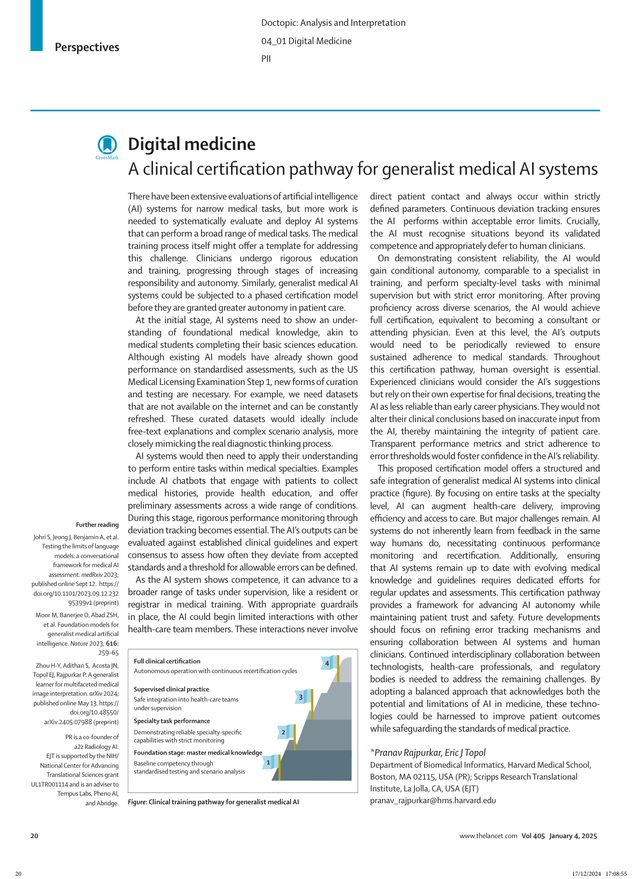 First page of "A clinical certification pathway for generalist medical AI systems" (The Lancet, 2025)