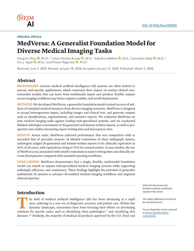First page of "MedVersa: A Generalist Foundation Model for Diverse Medical Imaging Tasks" (NEJM AI, 2026)