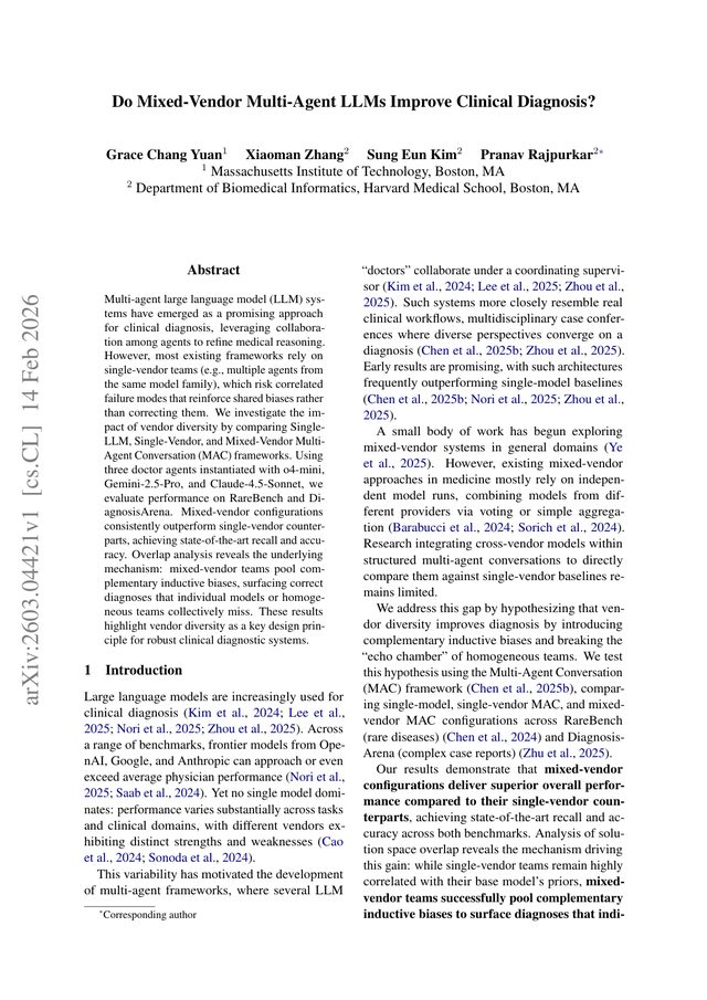 First page of "Do Mixed-Vendor Multi-Agent LLMs Improve Clinical Diagnosis?" (arXiv, 2026)