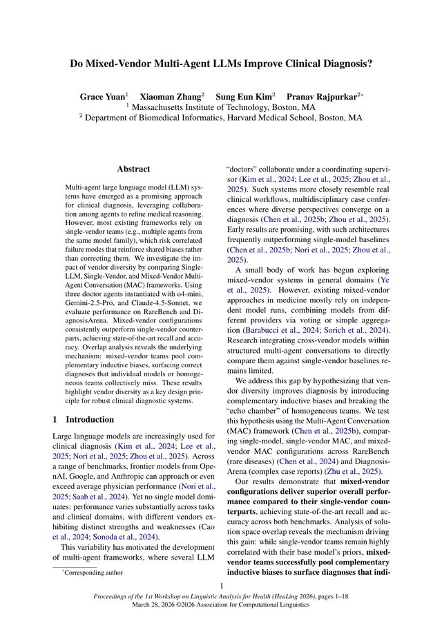 First page of "Do Mixed-Vendor Multi-Agent LLMs Improve Clinical Diagnosis?" (HeaLing 2026, 2026)