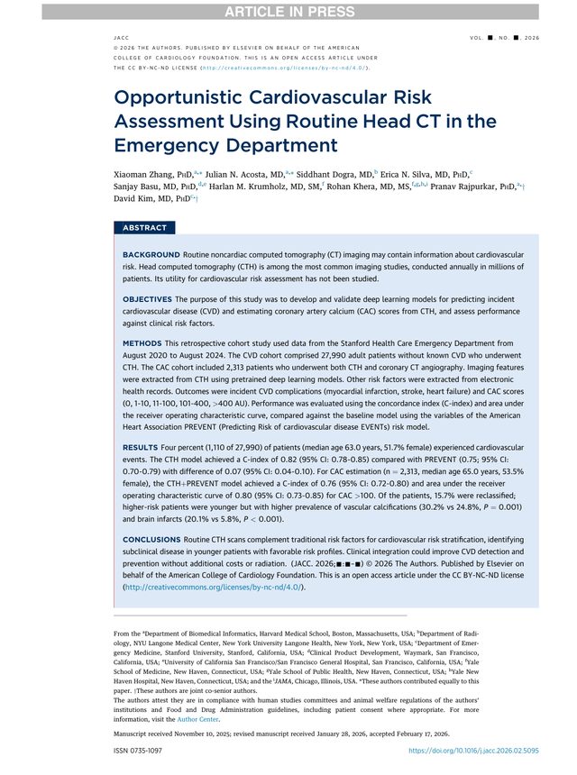 First page of "Opportunistic Cardiovascular Risk Assessment Using Routine Head CT in the Emergency Department" (JACC, 2026)