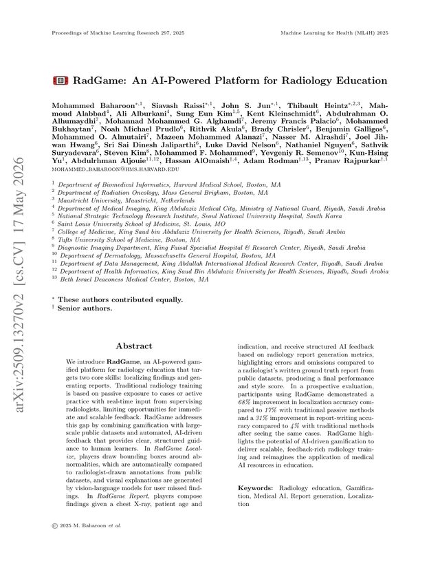 First page of "RadGame: An AI-Powered Platform for Radiology Education" (ML4H, 2025)
