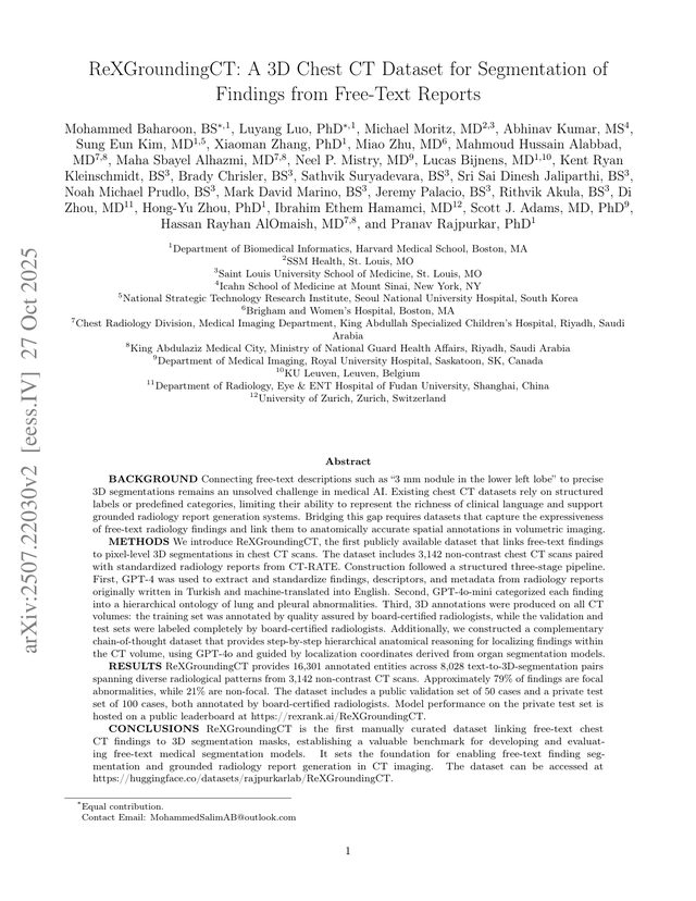 First page of "ReXGroundingCT: A 3D Chest CT Dataset for Segmentation of Findings from Free-Text Reports" (NEJM AI, 2026)