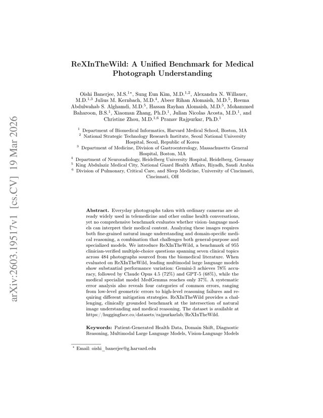 First page of "ReXInTheWild: A Unified Benchmark for Medical Photograph Understanding" (arXiv, 2026)