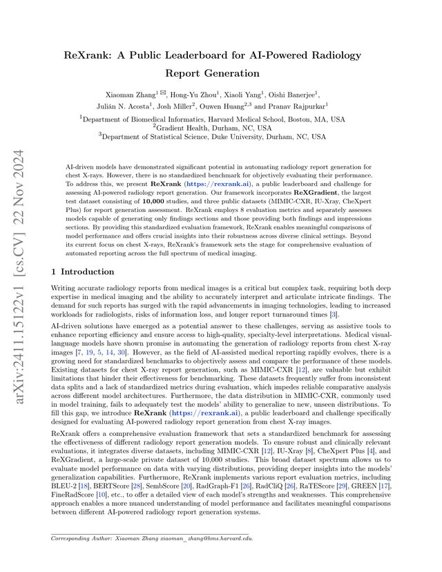 First page of "ReXrank: A Public Leaderboard for AI-Powered Radiology Report Generation" (arXiv, 2024)