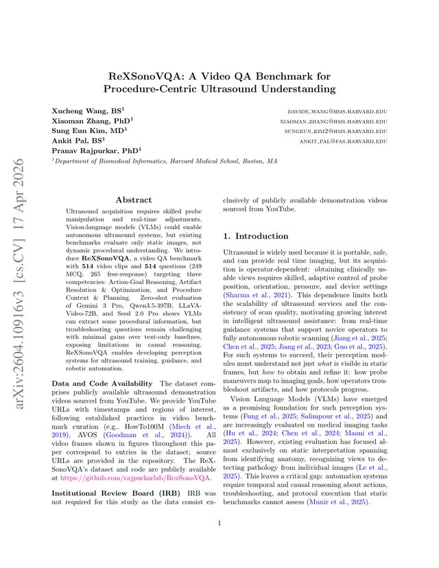 First page of "ReXSonoVQA: A Video QA Benchmark for Procedure-Centric Ultrasound Understanding" (CHIL, 2026)