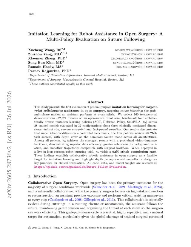 First page of "Imitation Learning for Robot Assistance in Open Surgery: A Multi-Policy Evaluation on Suture Following" (arXiv, 2026)