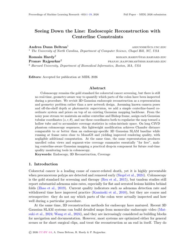 First page of "Seeing Down the Line: Endoscopic Reconstruction with Centerline Constraints" (MIDL 2026, 2026)