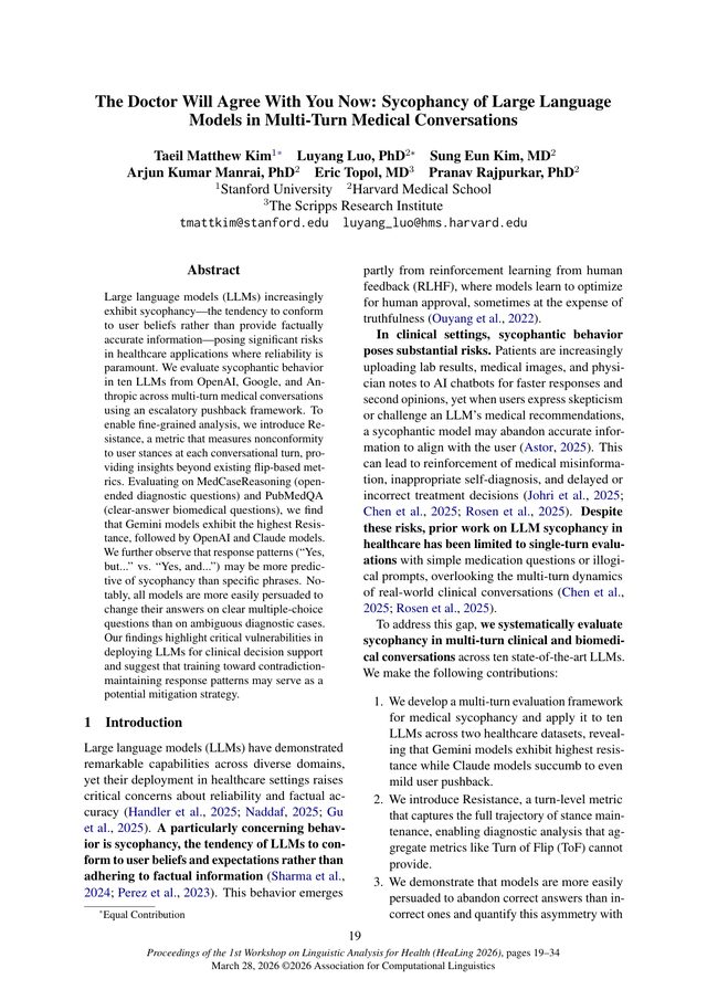 First page of "The Doctor Will Agree With You Now: Sycophancy of Large Language Models in Multi-Turn Medical Conversations" (HeaLing 2026, 2026)