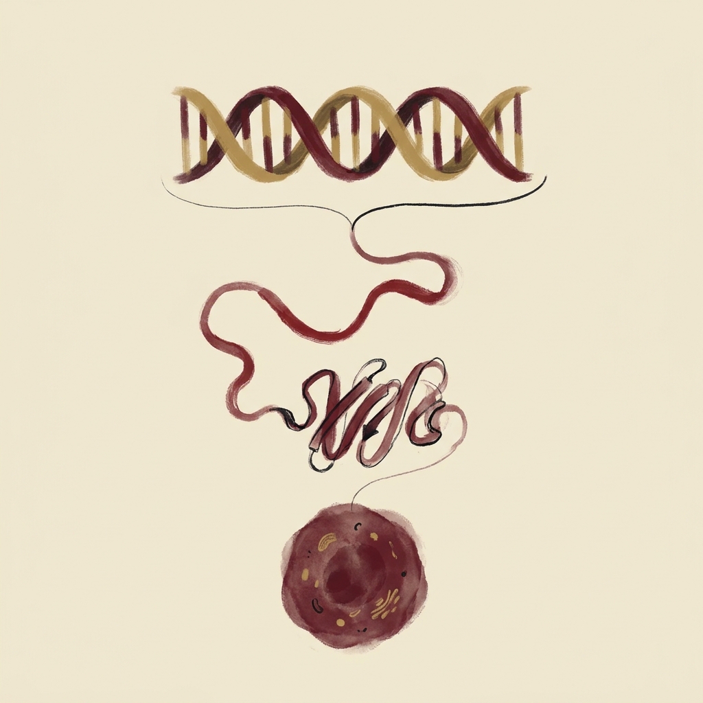 Painterly illustration of DNA, RNA, protein, and cell